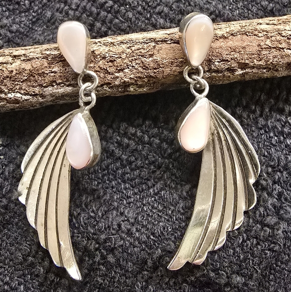 Elegant Sterling Silver and Pink Mother Of Pearl Winged Earrings